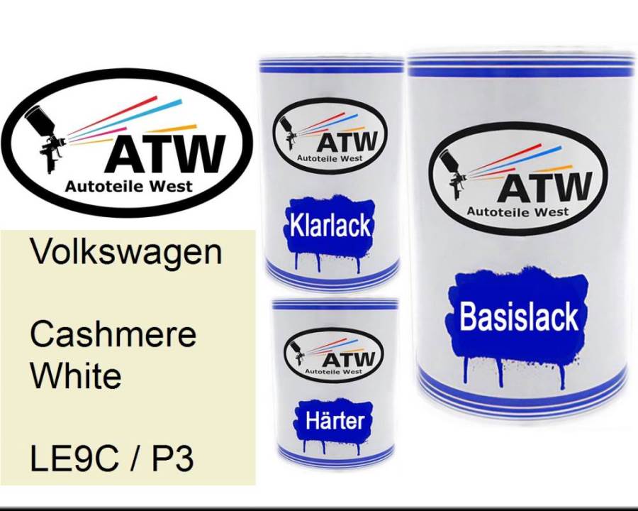 Volkswagen, Cashmere White, LE9C / P3: 500ml Lackdose + 500ml Klarlack + 250ml Härter - Set, von ATW Autoteile West.